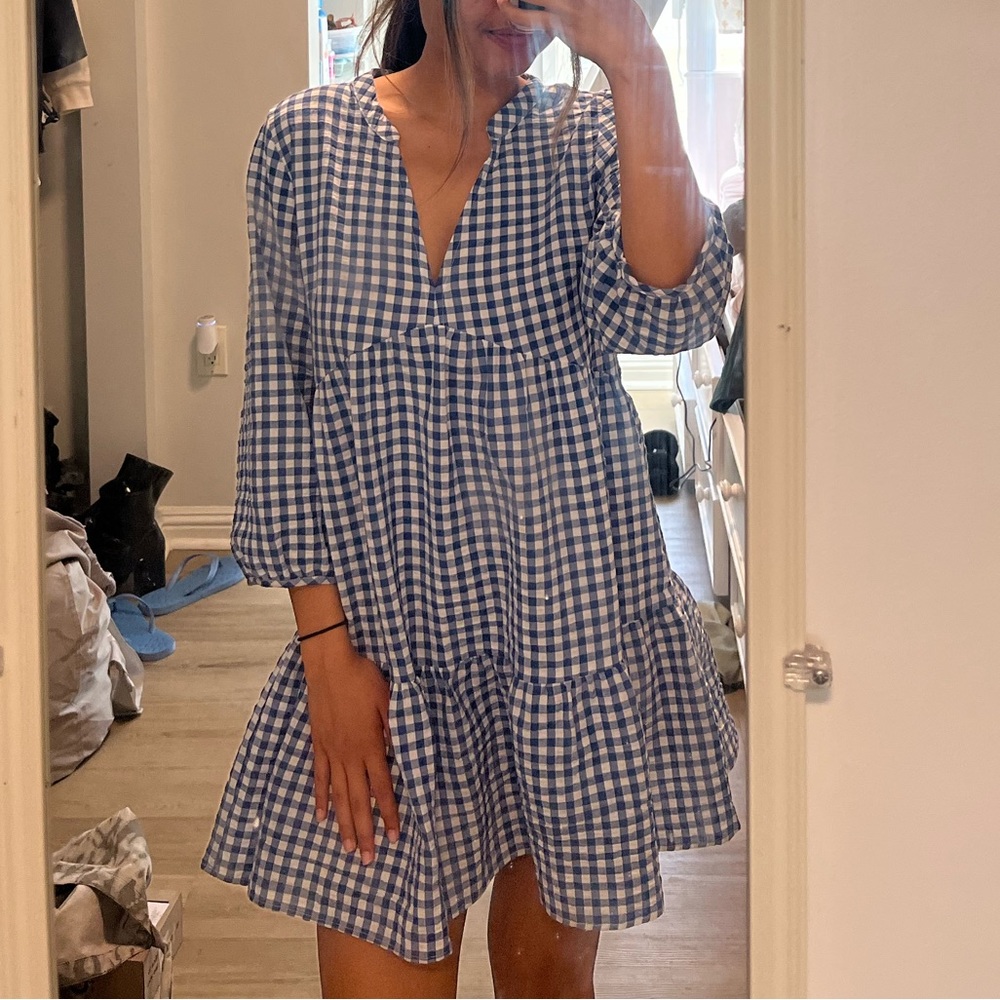 Zara Long Sleeve A-Line Mini Blue Checkered Dress | Size S